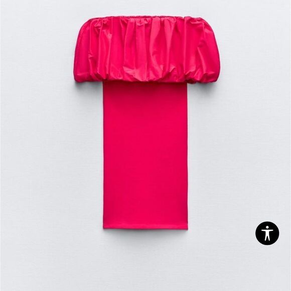 Zara smocked Puff OFF THE SHOULDER DRESS in hot pink S - Picture 3 of 5